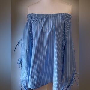 Elegant Blue Striped Gathered Blouse with Tie Sleeves